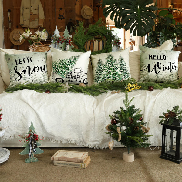 Green Christmas Pillow Covers Set of 4 for Xmas Decor Winter Holiday Throw Cushion Case