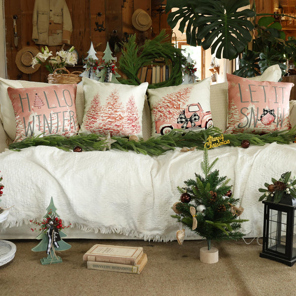 Pink Christmas Pillow Covers Set of 4 for Xmas Decor Winter Holiday Throw Cushion Case