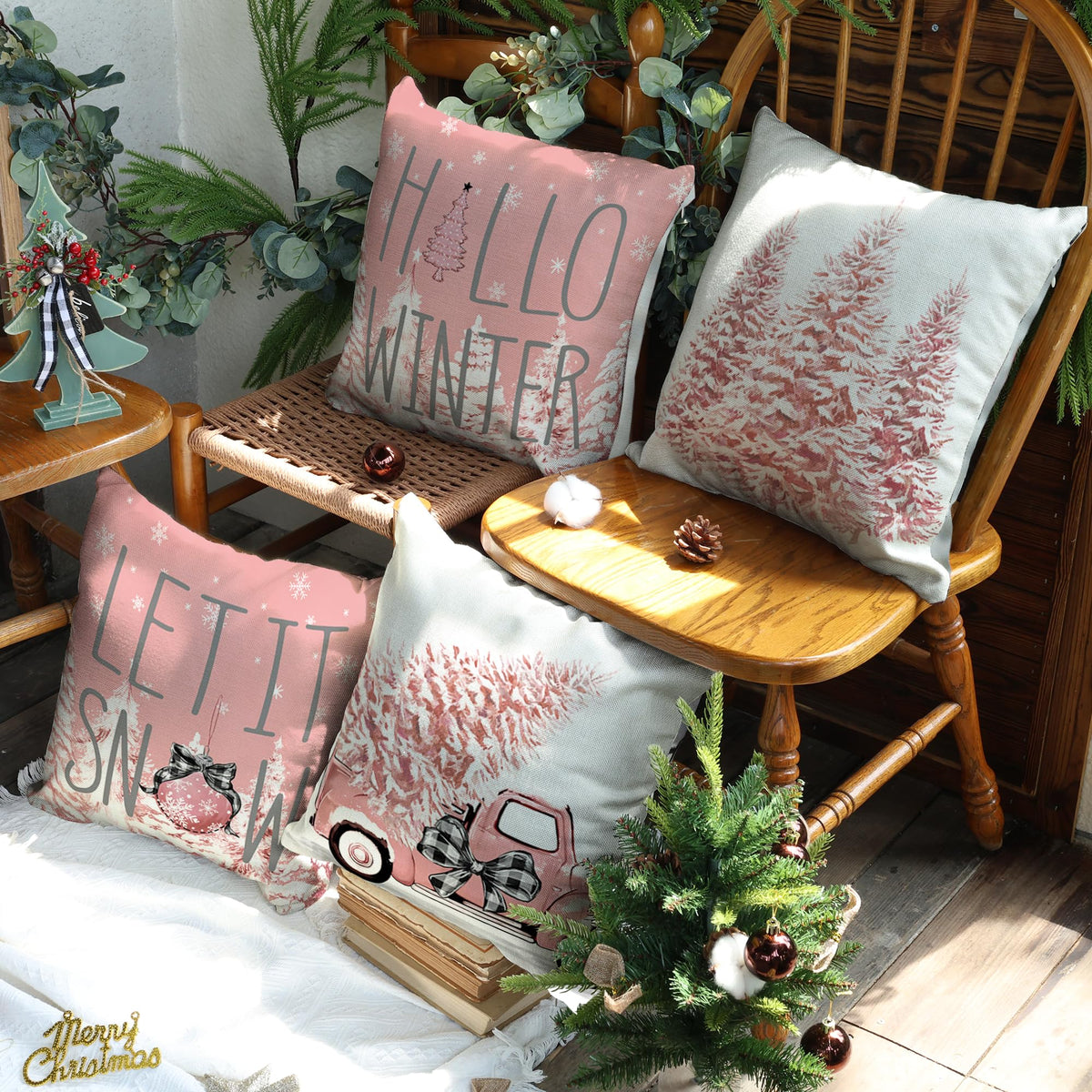 Pink Christmas Pillow Covers Set of 4 for Xmas Decor Winter Holiday Throw Cushion Case