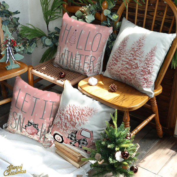 Pink Christmas Pillow Covers Set of 4 for Xmas Decor Winter Holiday Throw Cushion Case