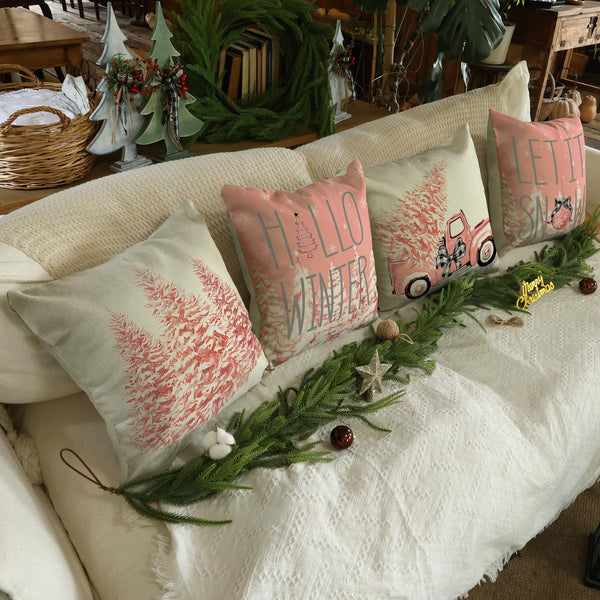 Pink Christmas Pillow Covers Set of 4 for Xmas Decor Winter Holiday Throw Cushion Case