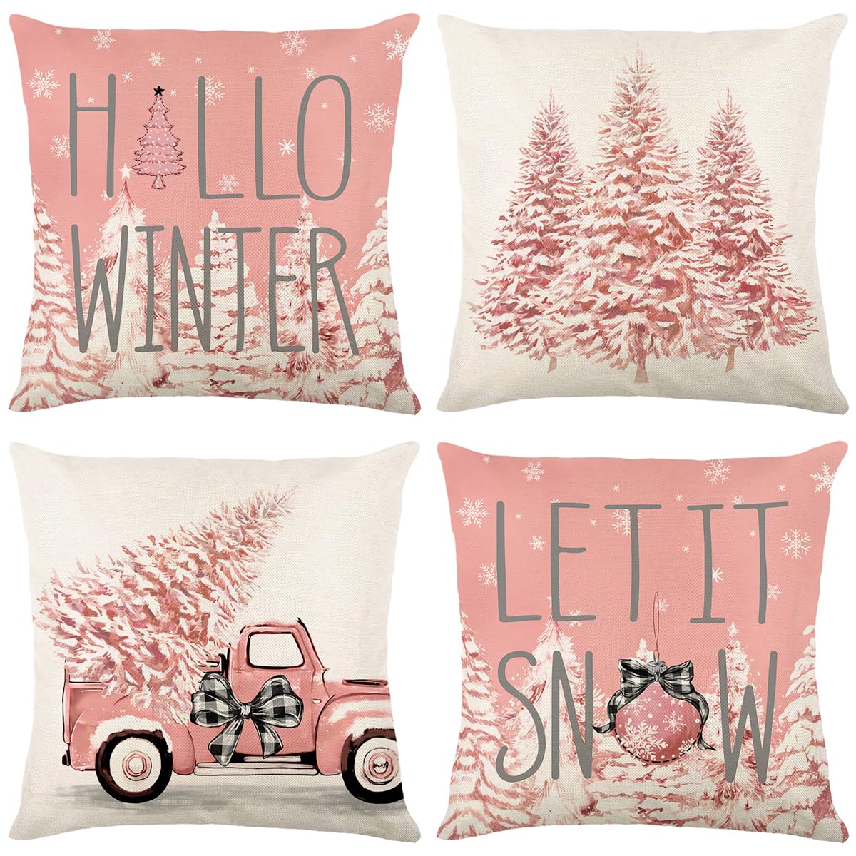 Pink Christmas Pillow Covers Set of 4 for Xmas Decor Winter Holiday Throw Cushion Case