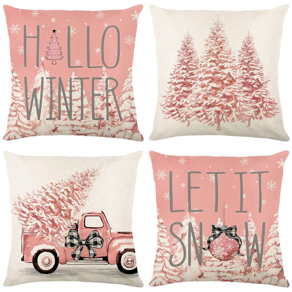 Pink Christmas Pillow Covers Set of 4 for Xmas Decor Winter Holiday Throw Cushion Case