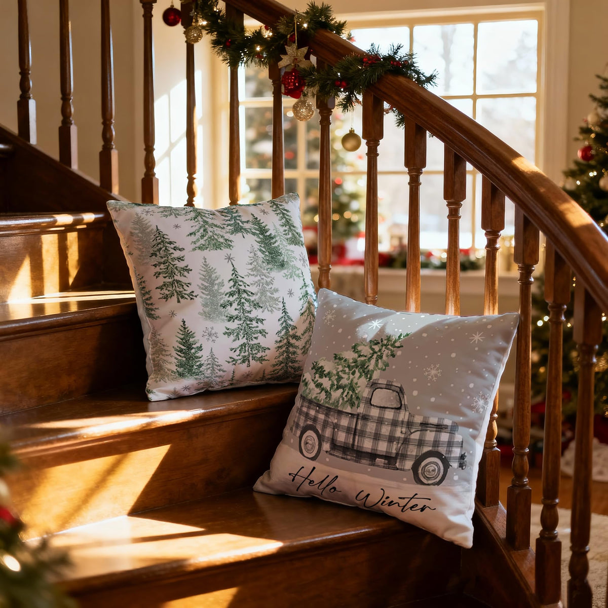 Xmas Throw Pillow Covers Set of 4, 18x18 Inch Cozy Winter Deer Cabin Snowflake Design with Hidden Zipper