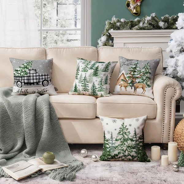 Xmas Throw Pillow Covers Set of 4, 18x18 Inch Cozy Winter Deer Cabin Snowflake Design with Hidden Zipper