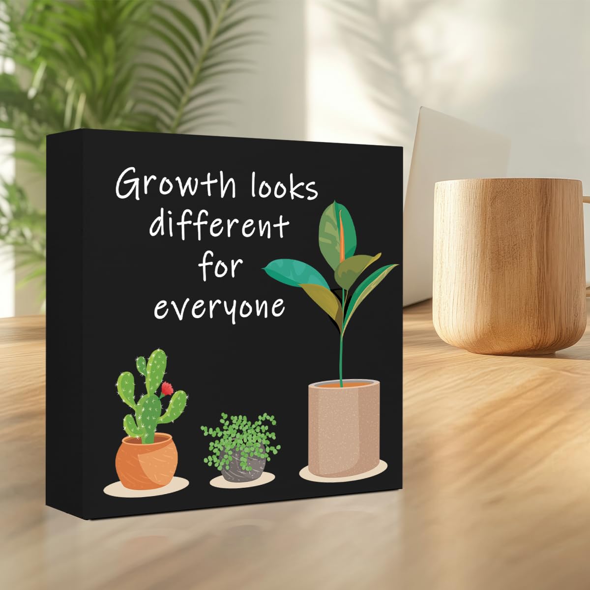 Black Inspirational Wood Block Sign,Growth Looks Different for Everyone Plant Motivational Wooden Block Sign