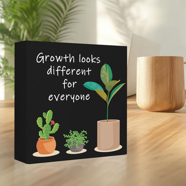 Black Inspirational Wood Block Sign,Growth Looks Different for Everyone Plant Motivational Wooden Block Sign