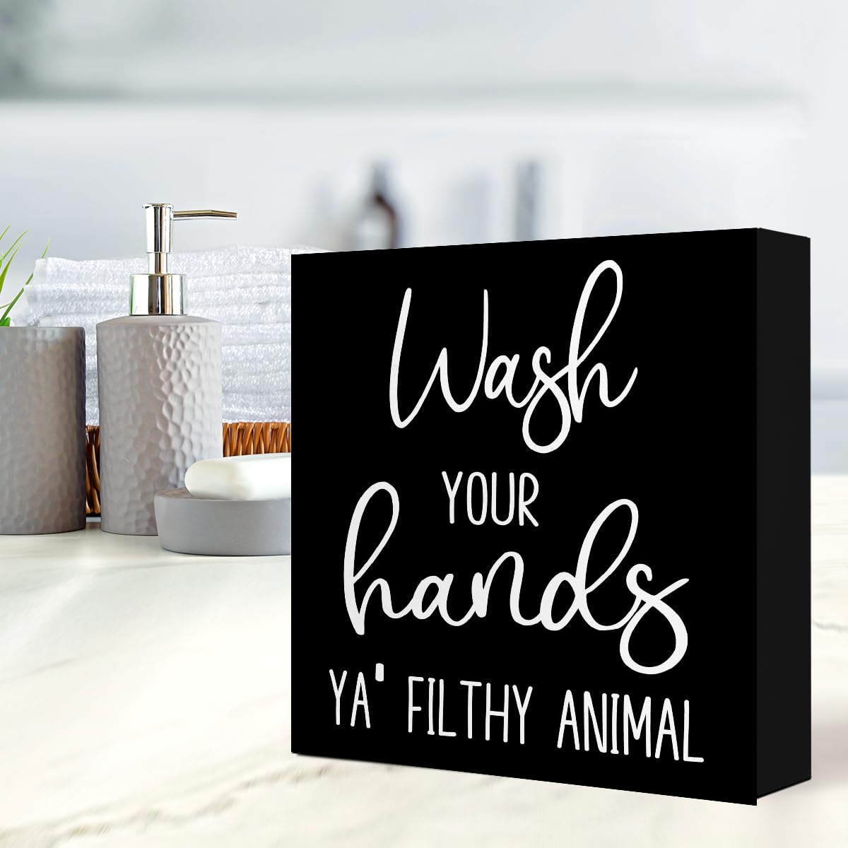Funny Bathroom Wooden Box Signs,Wash Your Hands YA' Filthy Animal Wood Block Sign