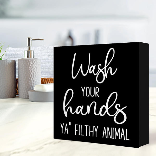 Funny Bathroom Wooden Box Signs,Wash Your Hands YA' Filthy Animal Wood Block Sign