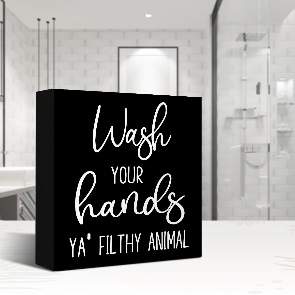 Funny Bathroom Wooden Box Signs,Wash Your Hands YA' Filthy Animal Wood Block Sign