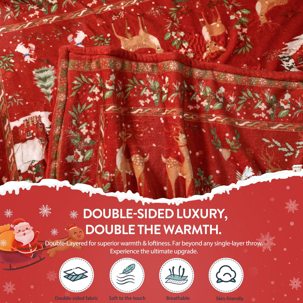 Christmas Blanket 50x60 Reversible Fluffy Fleece Holiday Blanket Xmas Deer Throw Blanket