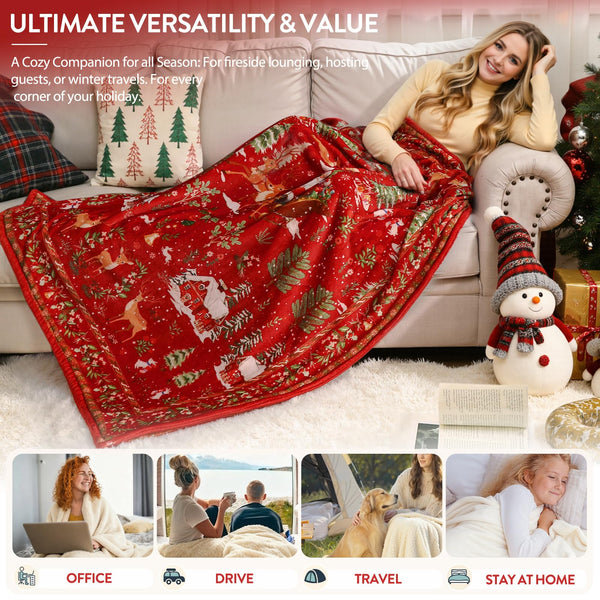 Christmas Blanket 50x60 Reversible Fluffy Fleece Holiday Blanket Xmas Deer Throw Blanket