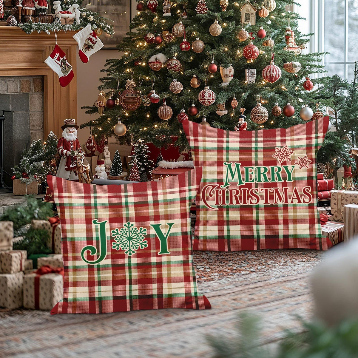 18x18 Christmas Throw Pillow Covers Set of 2, Plaid Christmas Pillow Covers Decorative Pillowcases