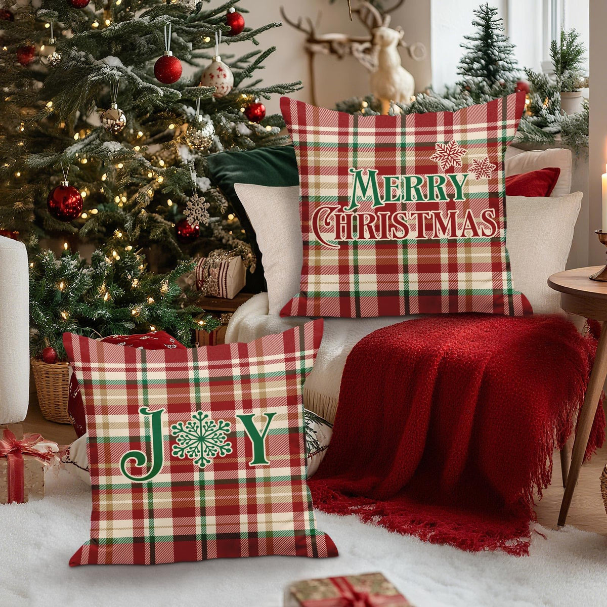 18x18 Christmas Throw Pillow Covers Set of 2, Plaid Christmas Pillow Covers Decorative Pillowcases