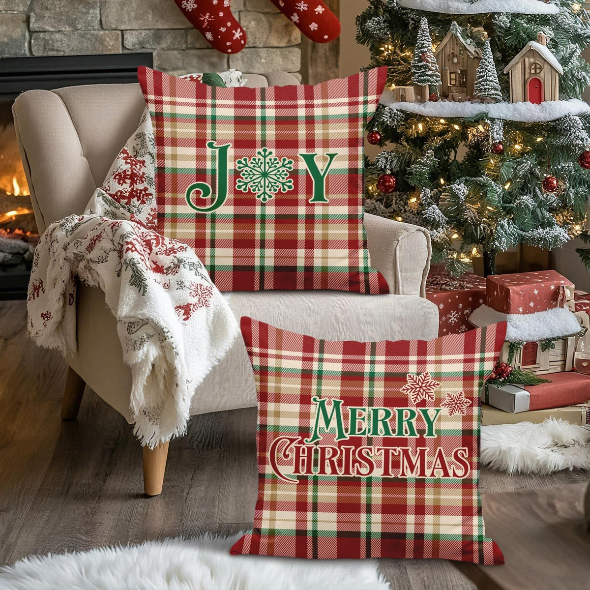 18x18 Christmas Throw Pillow Covers Set of 2, Plaid Christmas Pillow Covers Decorative Pillowcases