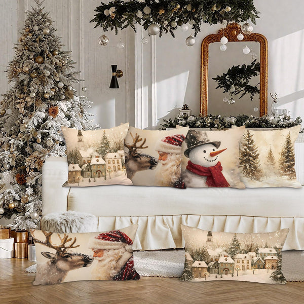 18x18 Christmas Throw Pillow Covers Set of 4, Snowman Santa Reindeer Vintage Christmas Pillow Cover