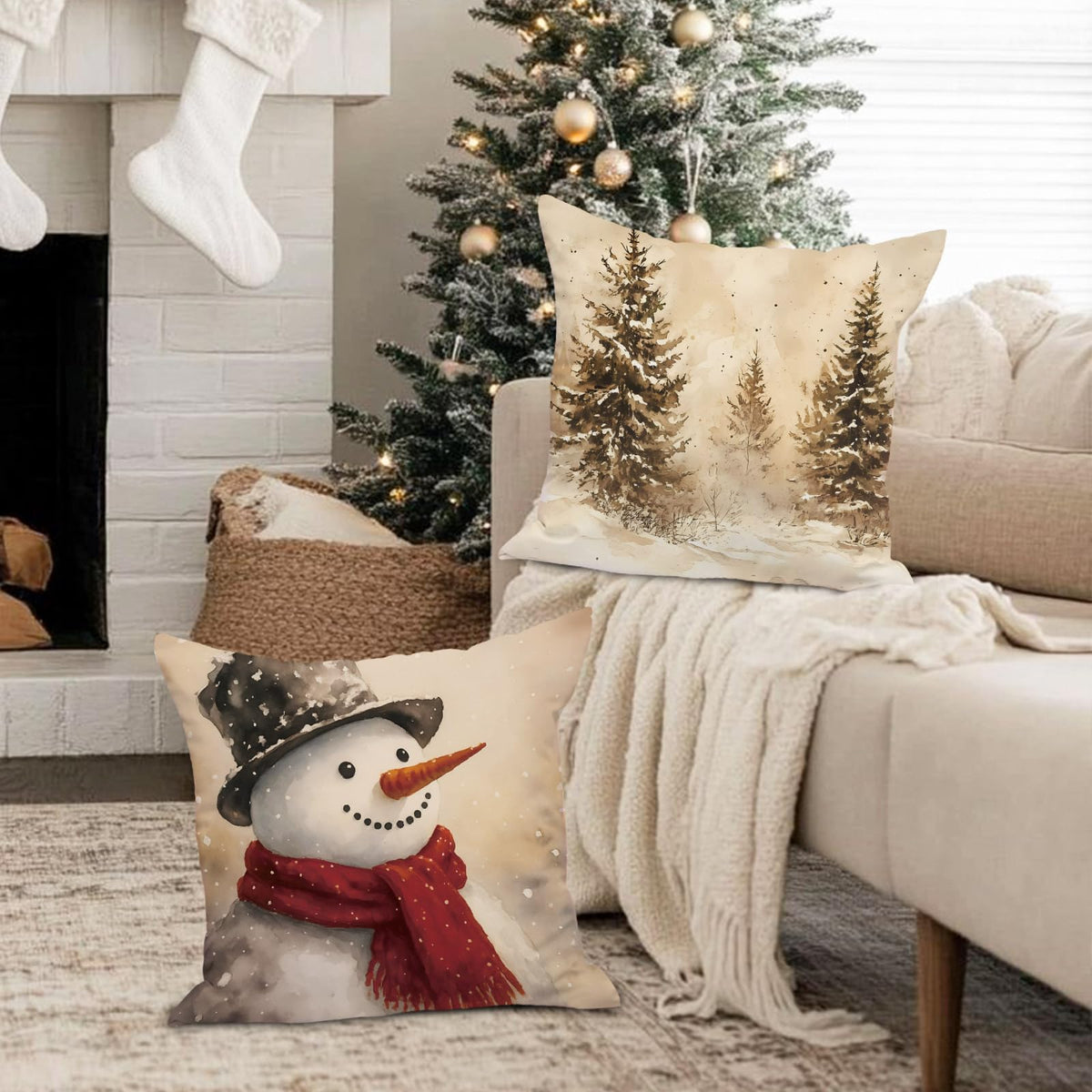 18x18 Christmas Throw Pillow Covers Set of 4, Snowman Santa Reindeer Vintage Christmas Pillow Cover