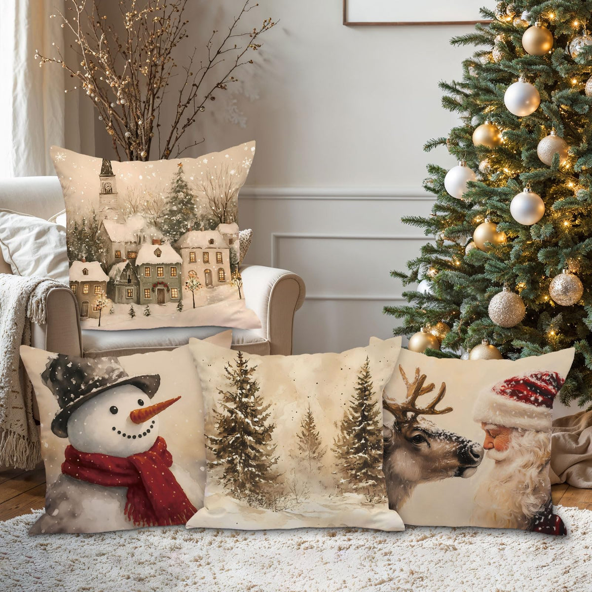18x18 Christmas Throw Pillow Covers Set of 4, Snowman Santa Reindeer Vintage Christmas Pillow Cover