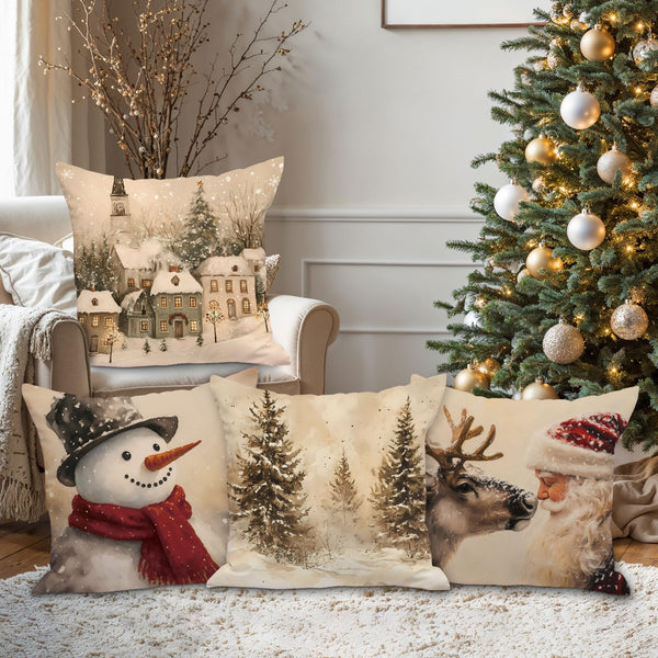 18x18 Christmas Throw Pillow Covers Set of 4, Snowman Santa Reindeer Vintage Christmas Pillow Cover