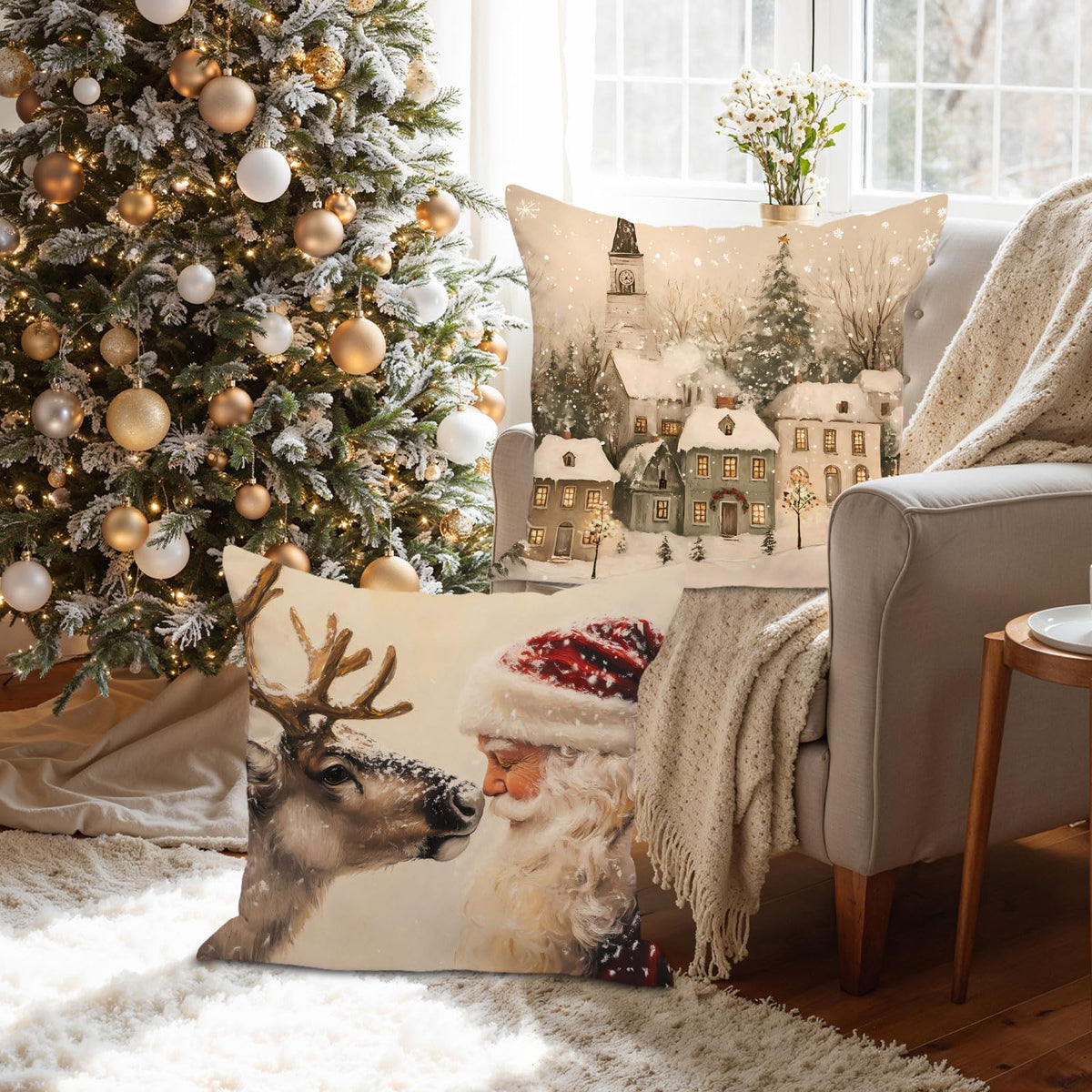 18x18 Christmas Throw Pillow Covers Set of 4, Snowman Santa Reindeer Vintage Christmas Pillow Cover