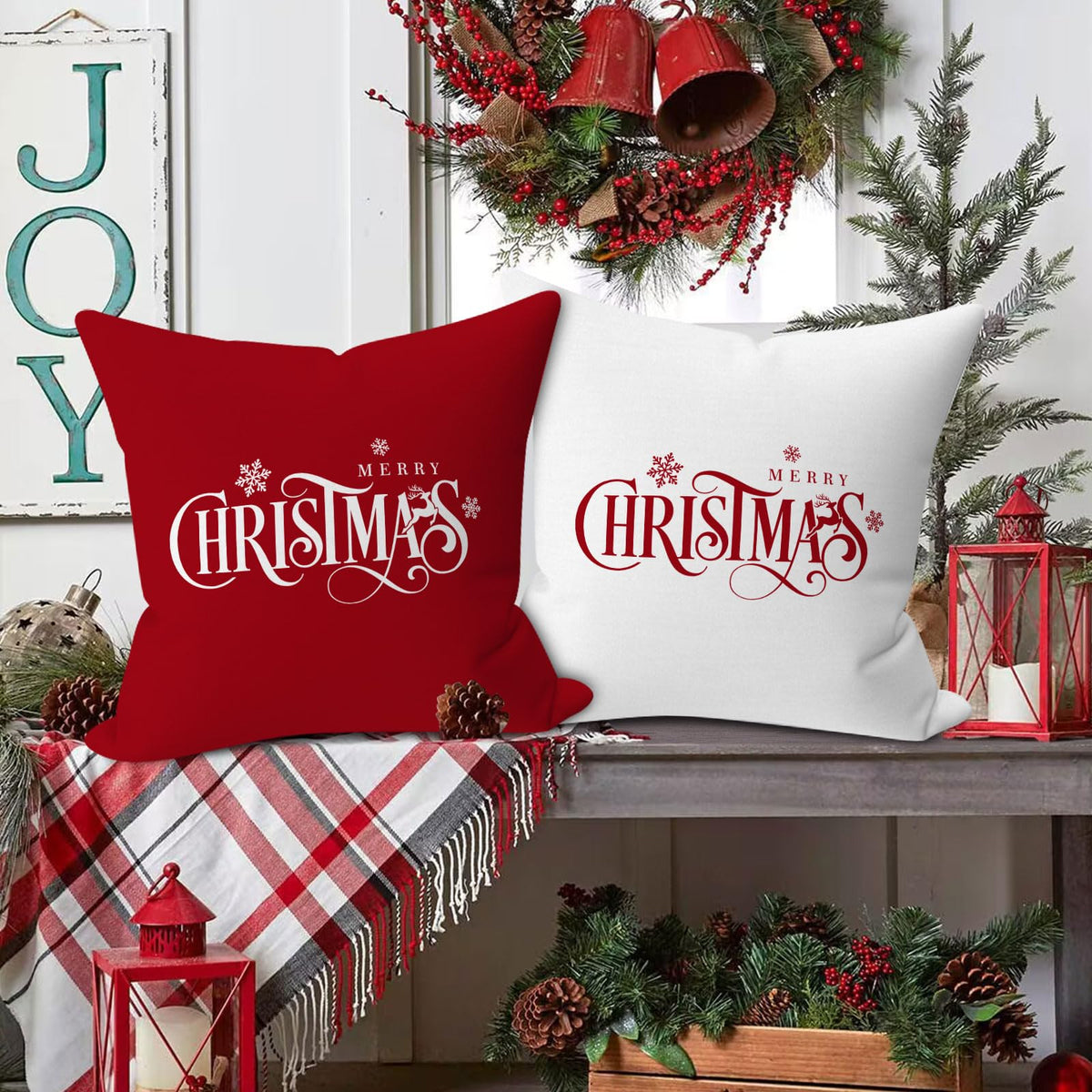 18x18 Red Christmas Lumbar Pillow Covers Set of 2, Xmas Decorations Cushion