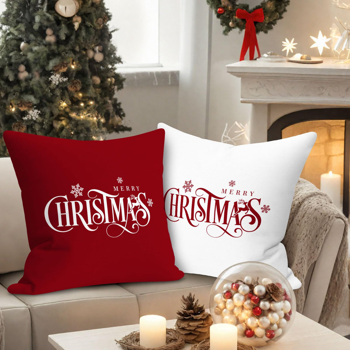 18x18 Red Christmas Lumbar Pillow Covers Set of 2, Xmas Decorations Cushion