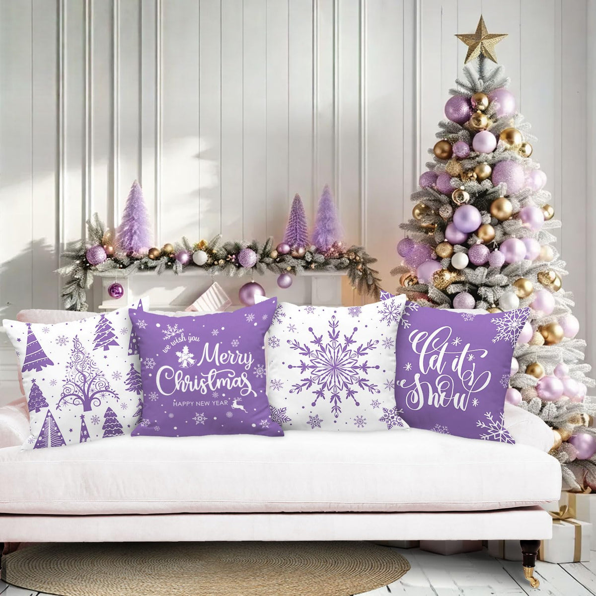 Christmas Throw Pillow Covers 18x18 4 pcs, Merry Christmas Xmas Winter Snowflake Purple