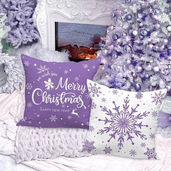 Christmas Throw Pillow Covers 18x18 4 pcs, Merry Christmas Xmas Winter Snowflake Purple