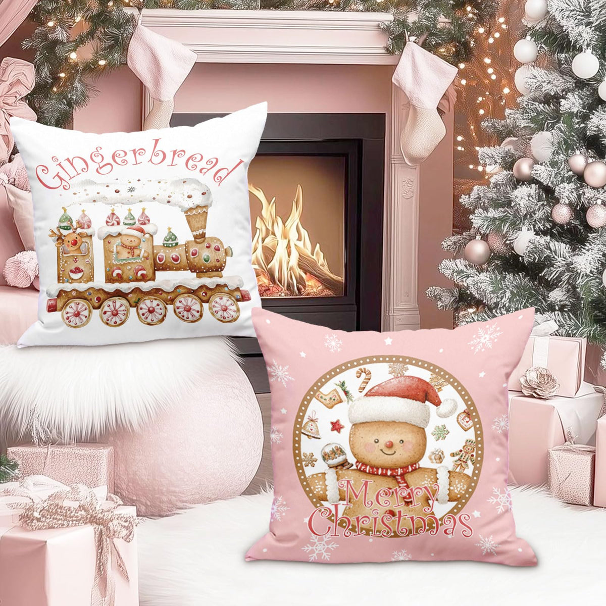 Christmas Throw Pillow Covers 18x18 Set of 4, Gingerbread Man House Pillow Cover, Pink
