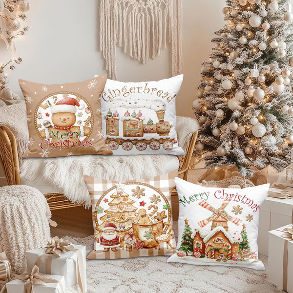 Christmas Throw Pillow Covers 18x18 Set of 4, Gingerbread Man House Pillow Cover, Brown