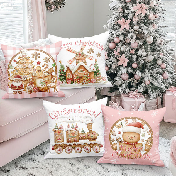 Christmas Throw Pillow Covers 18x18 Set of 4, Gingerbread Man House Pillow Cover, Pink
