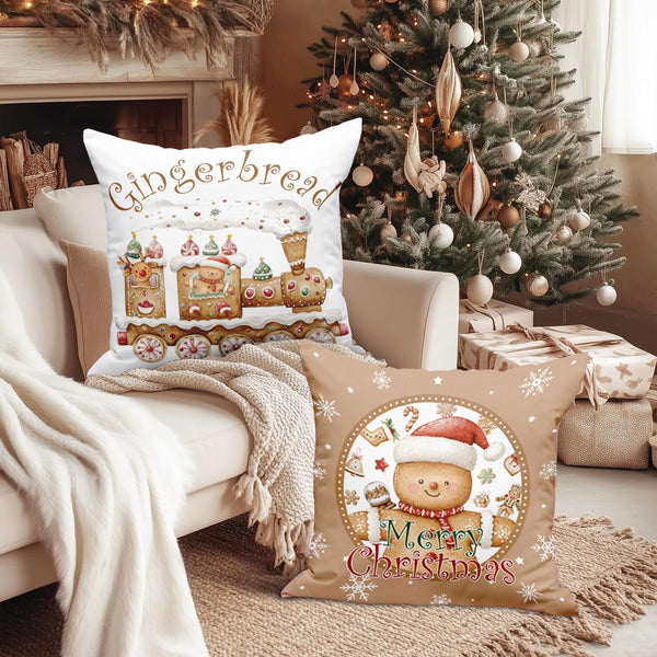 Christmas Throw Pillow Covers 18x18 Set of 4, Gingerbread Man House Pillow Cover, Brown