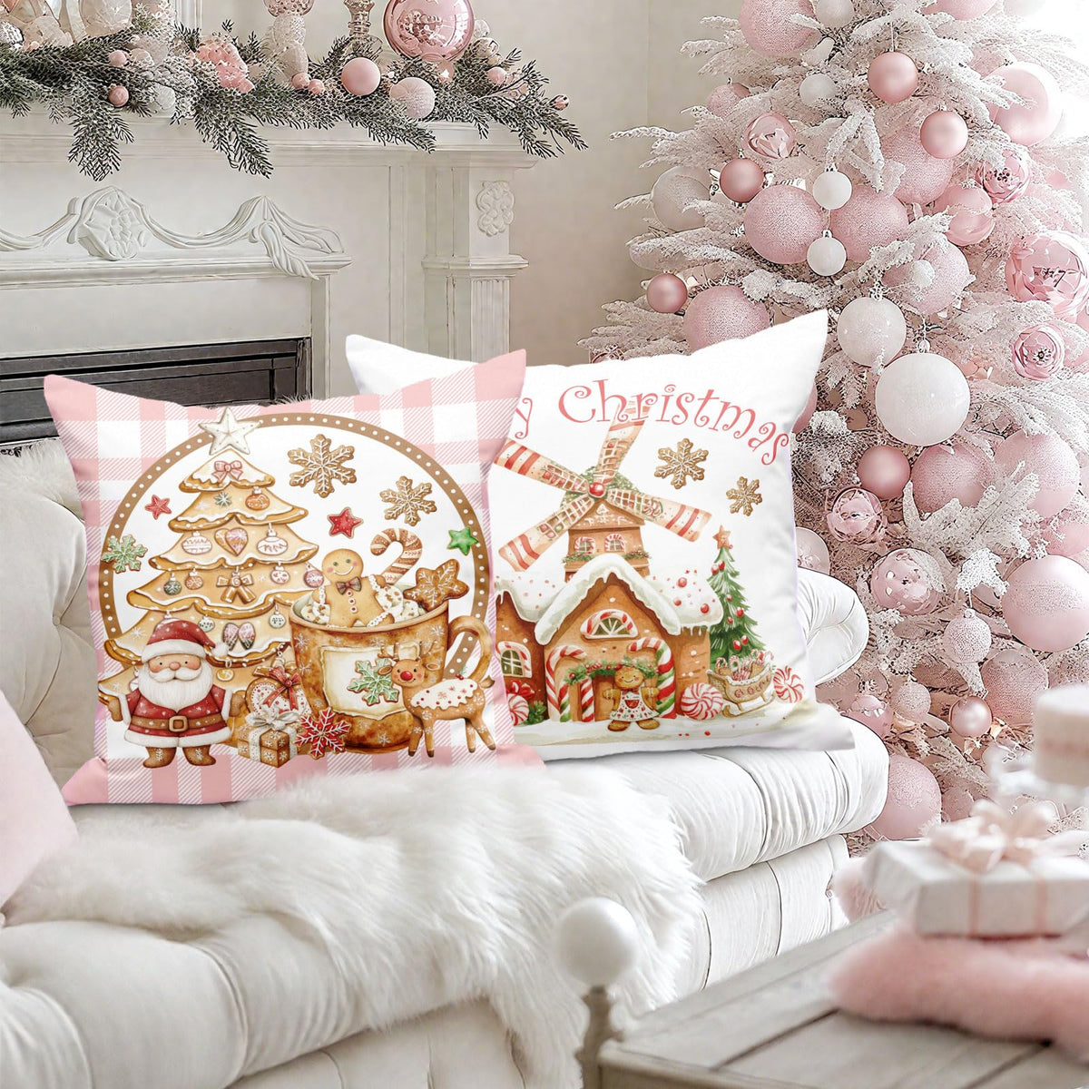 Christmas Throw Pillow Covers 18x18 Set of 4, Gingerbread Man House Pillow Cover, Pink
