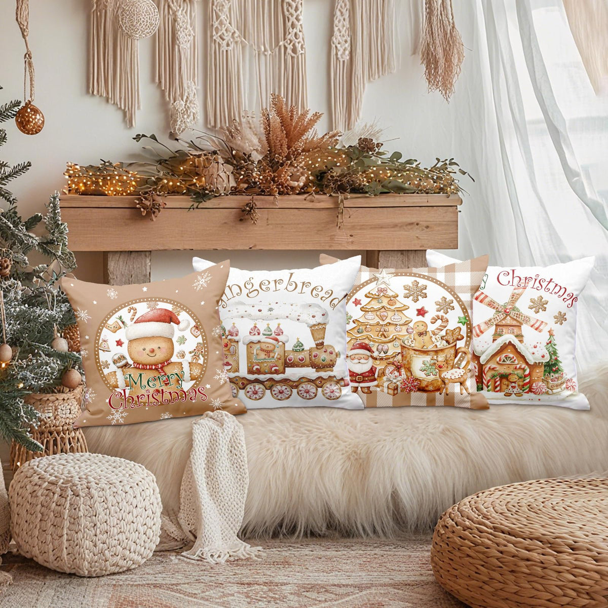 Christmas Throw Pillow Covers 18x18 Set of 4, Gingerbread Man House Pillow Cover, Brown