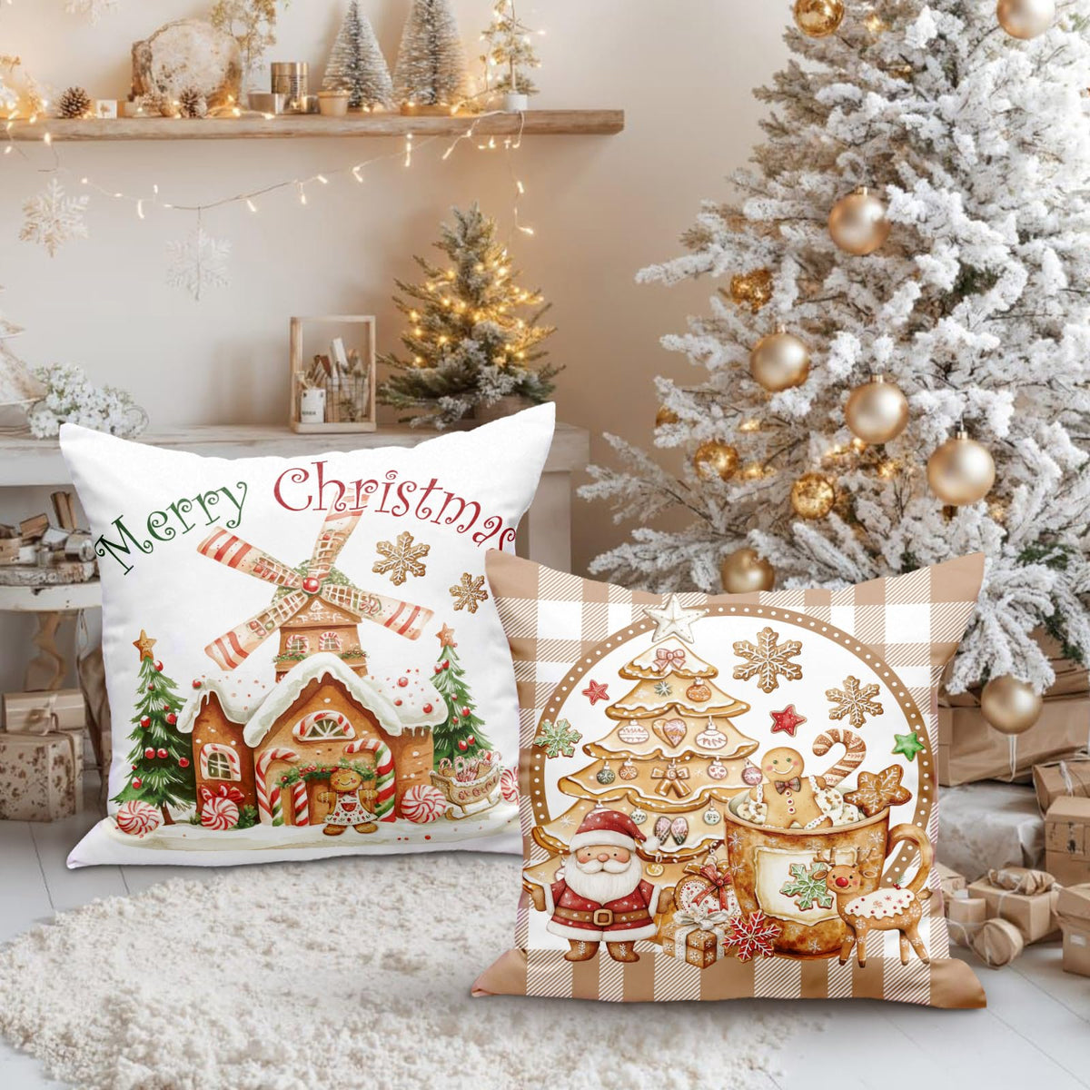 Christmas Throw Pillow Covers 18x18 Set of 4, Gingerbread Man House Pillow Cover, Brown