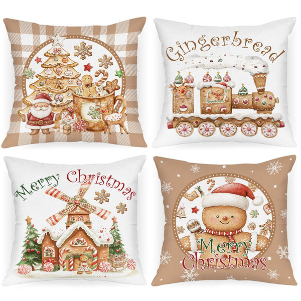 Christmas Throw Pillow Covers 18x18 Set of 4, Gingerbread Man House Pillow Cover, Brown