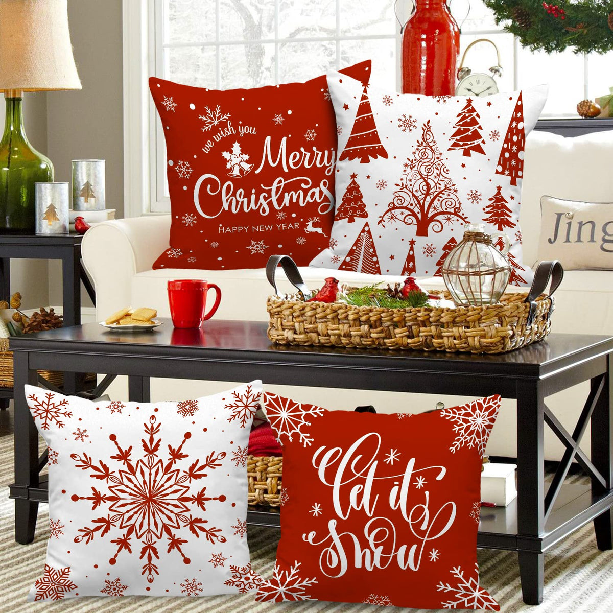 Christmas Throw Pillow Covers 18x18 Set of 4, Merry Christmas Winter Xmas Snowflake