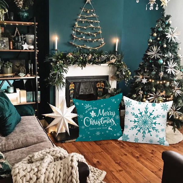 Teal Christmas Throw Pillow Covers 18x18 Set of 4, 18 inch