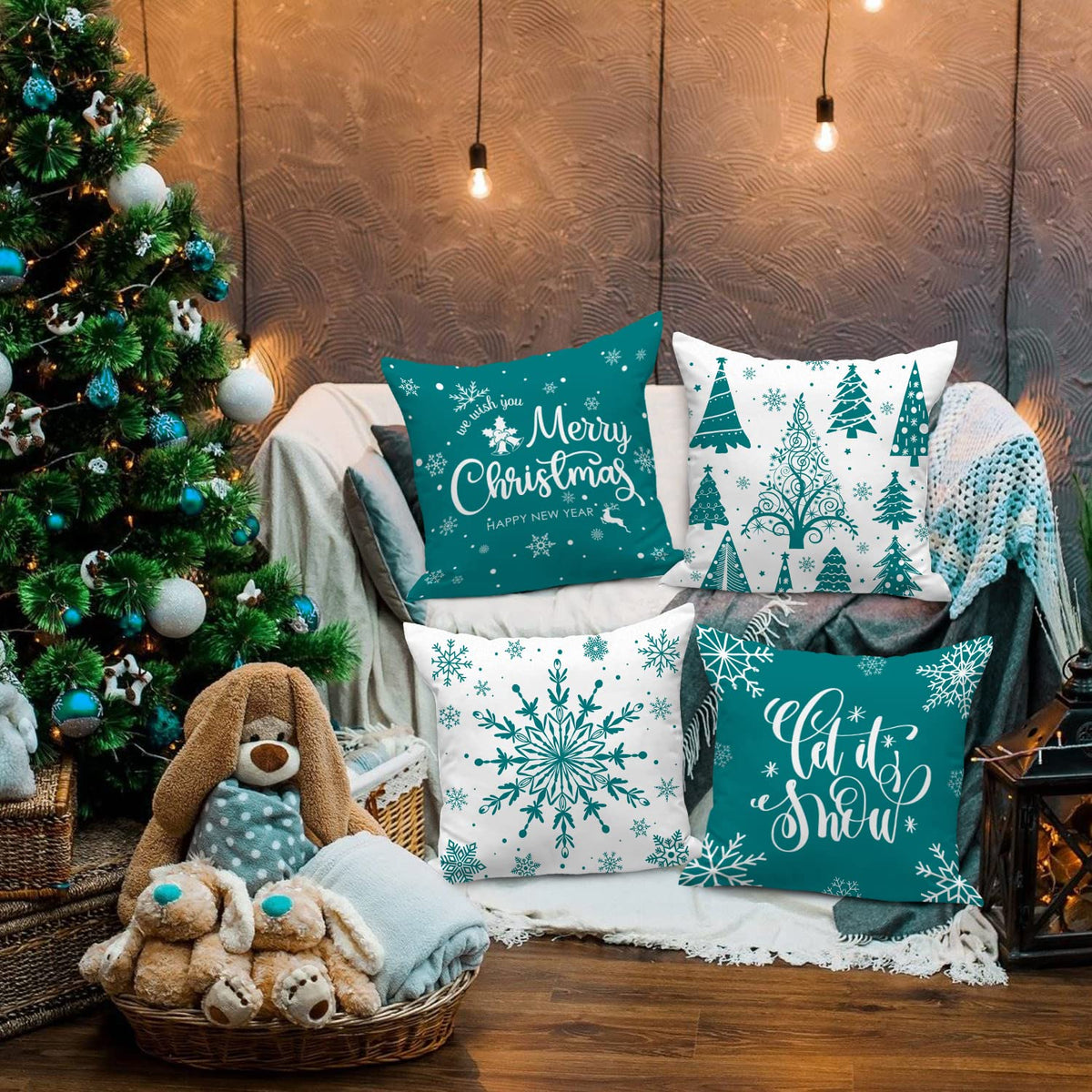 Teal Christmas Throw Pillow Covers 18x18 Set of 4, 18 inch