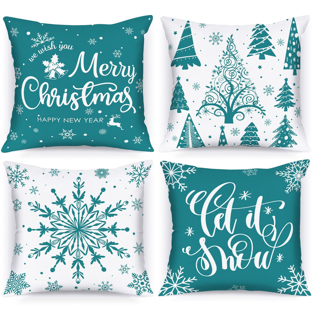 Teal Christmas Throw Pillow Covers 18x18 Set of 4, 18 inch