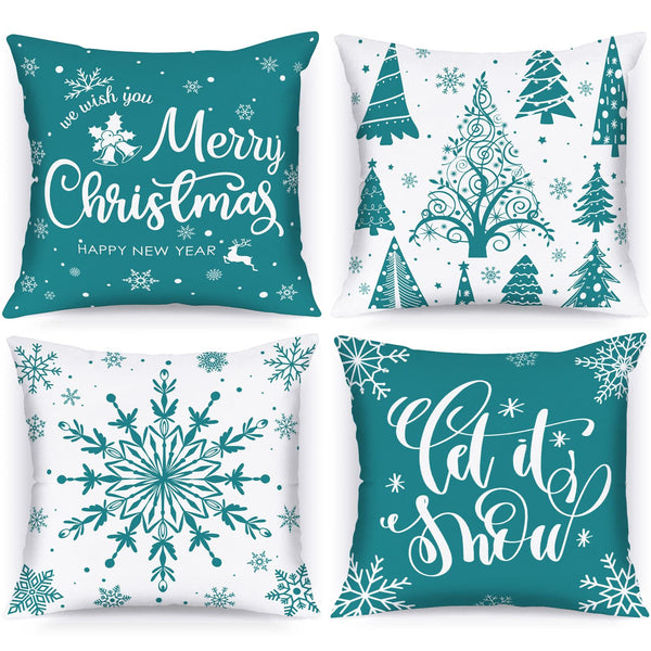 Teal Christmas Throw Pillow Covers 18x18 Set of 4, 18 inch