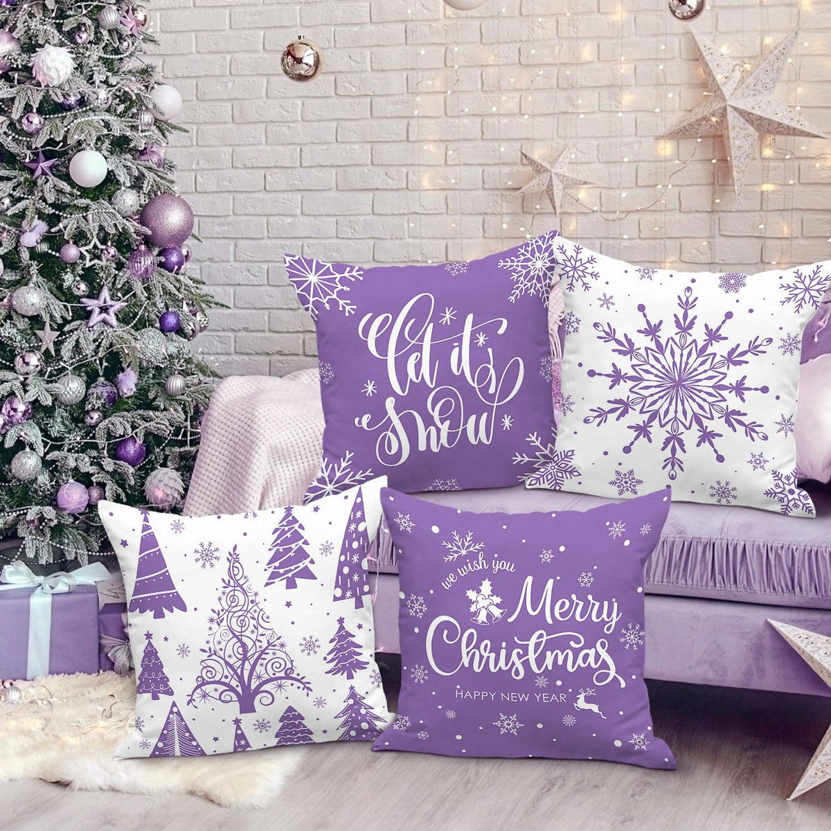 Super Soft Velvet Purple Christmas Throw Pillow Covers 18x18 Set of 4, 18 inch
