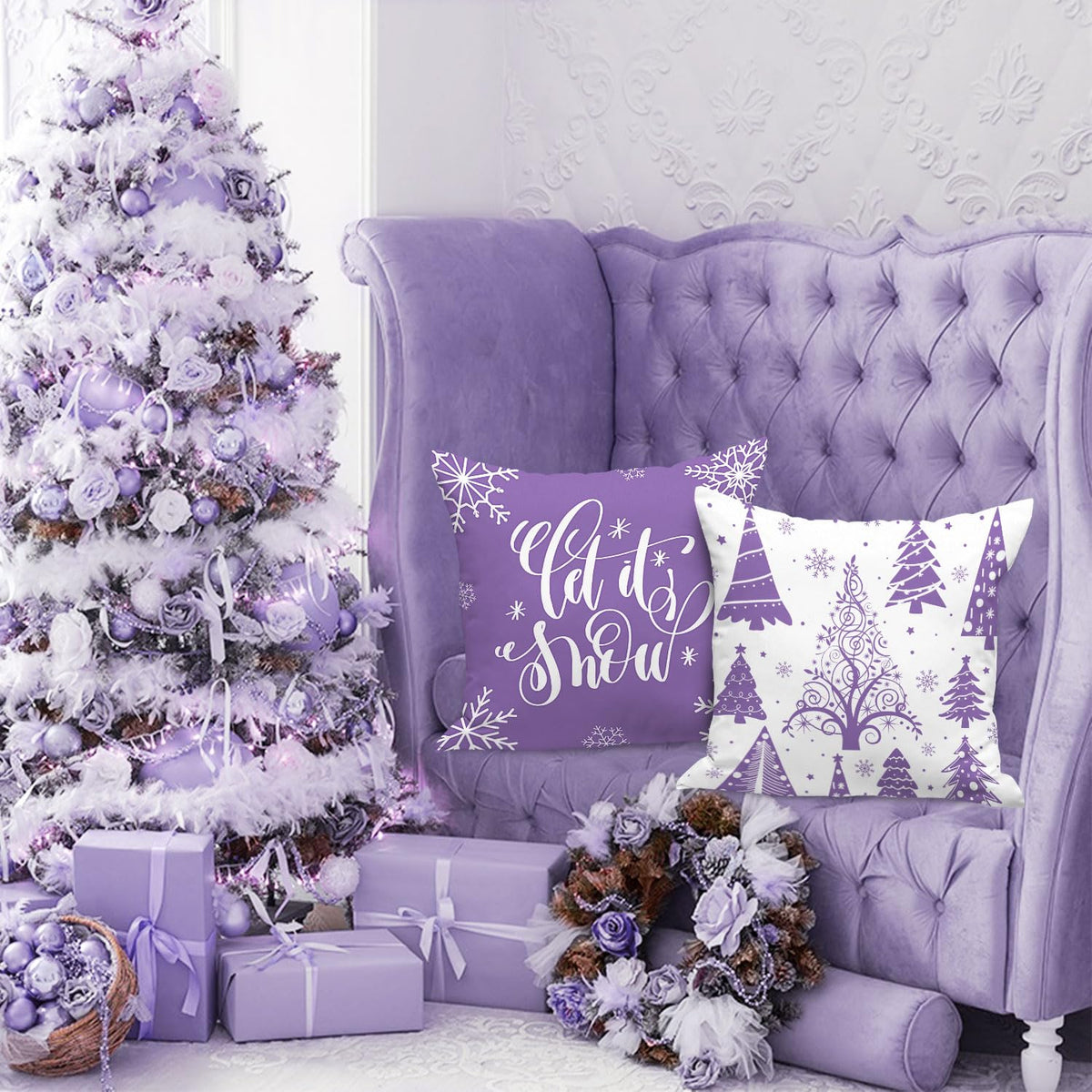 Super Soft Velvet Purple Christmas Throw Pillow Covers 18x18 Set of 4, 18 inch