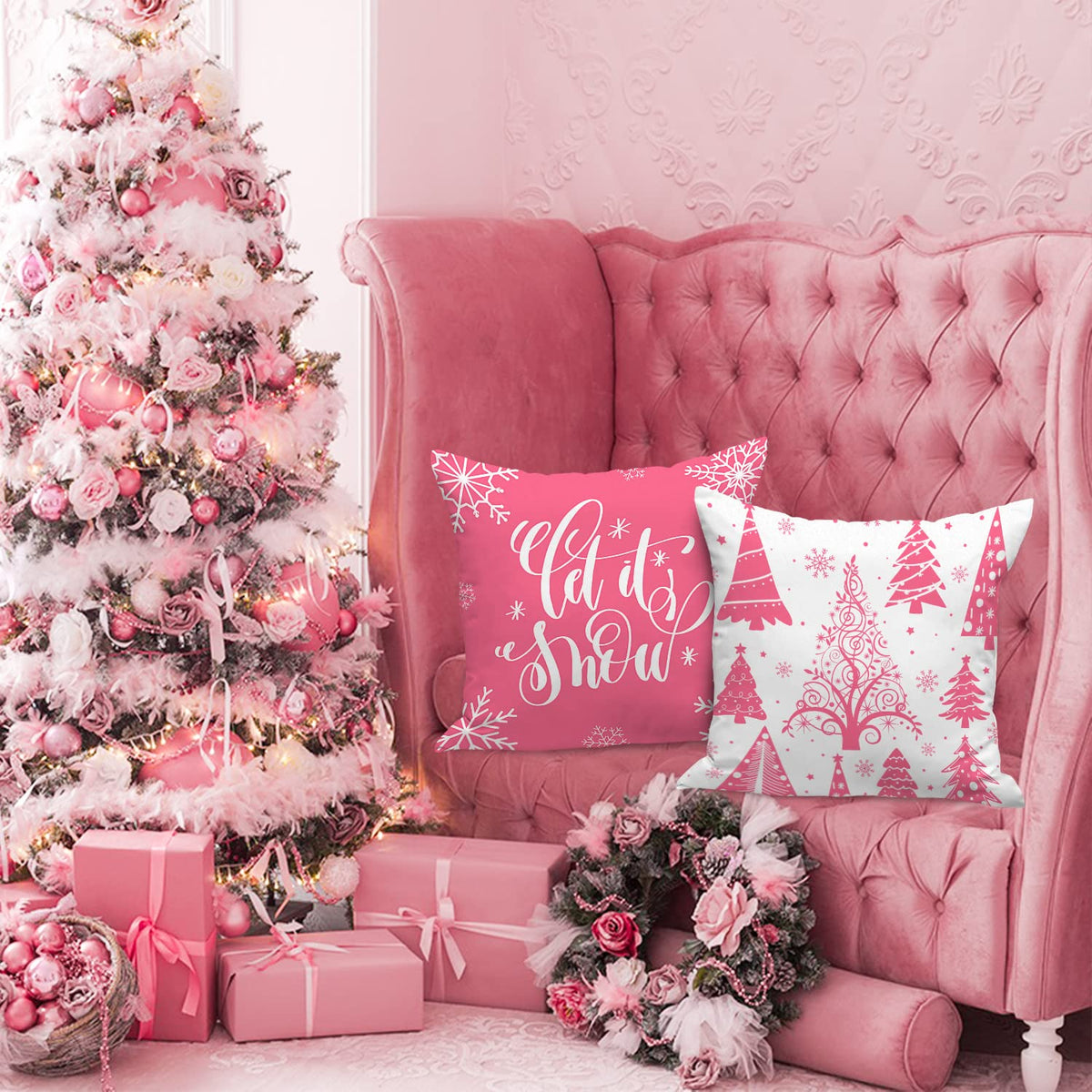 White and Pink Christmas Throw Pillow Covers 18x18 Set of 4, 18 inch
