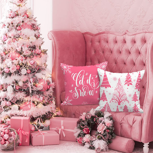 White and Pink Christmas Throw Pillow Covers 18x18 Set of 4, 18 inch