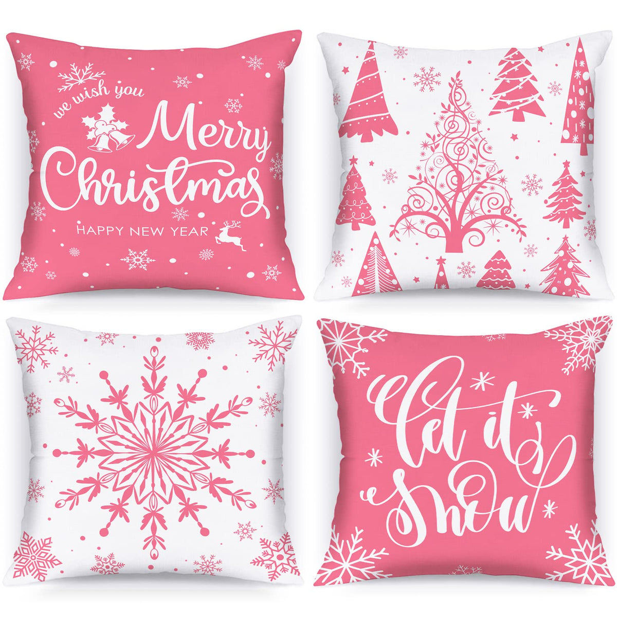 White and Pink Christmas Throw Pillow Covers 18x18 Set of 4, 18 inch