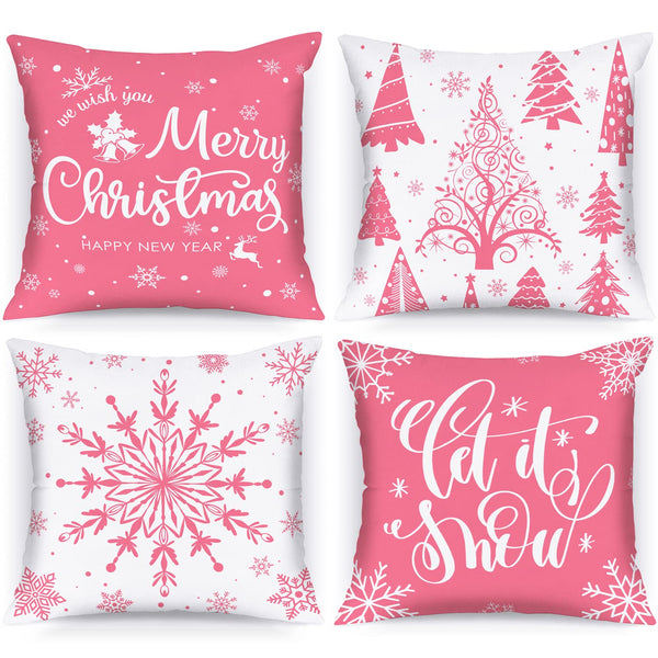 White and Pink Christmas Throw Pillow Covers 18x18 Set of 4, 18 inch