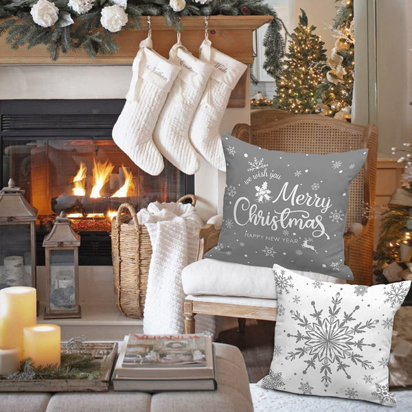 White and Grey Christmas Throw Pillow Covers 18x18 Set of 4, Decorative 18 inch Gray Winter Snowflake