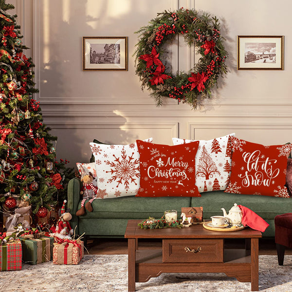 Christmas Throw Pillow Covers 18x18 Set of 4, Merry Christmas Winter Xmas Snowflake