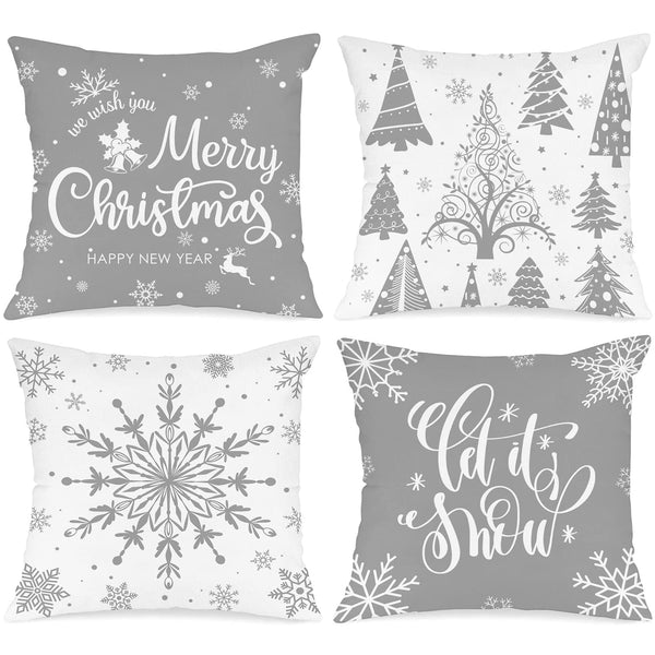 White and Grey Christmas Throw Pillow Covers 18x18 Set of 4, Decorative 18 inch Gray Winter Snowflake